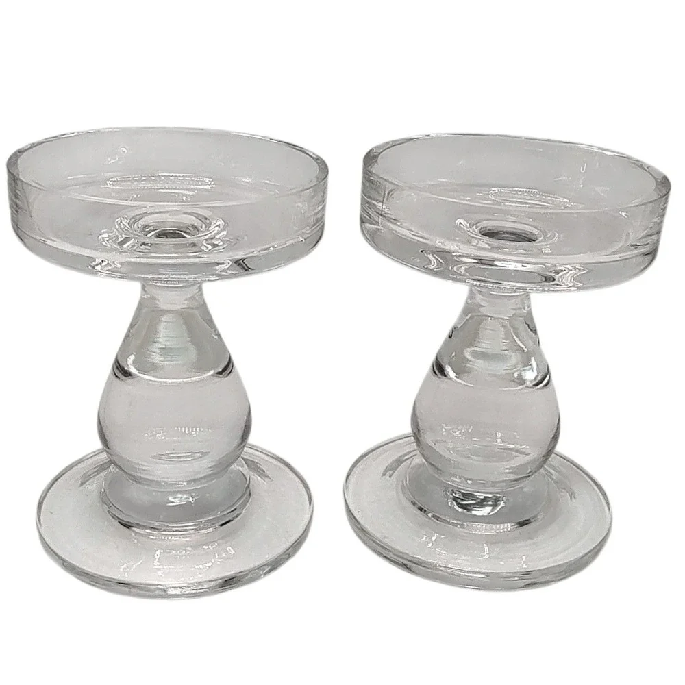 Vintage Krosno Glass Pillar Candle Holder Poland Handmade Crystal Set of Two‎